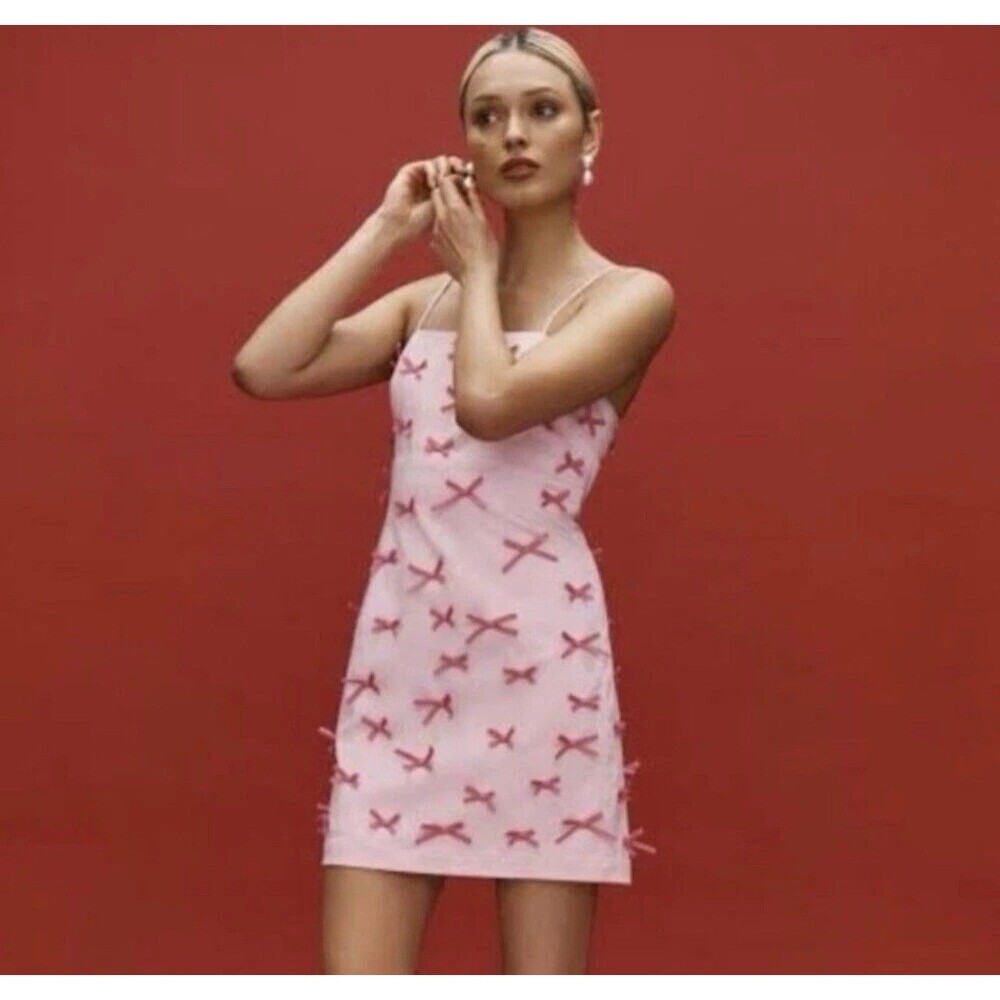 Maeve Anthropologie The Brynne 3D Bows Pink Spaghetti Strap Dress size 6 Romance